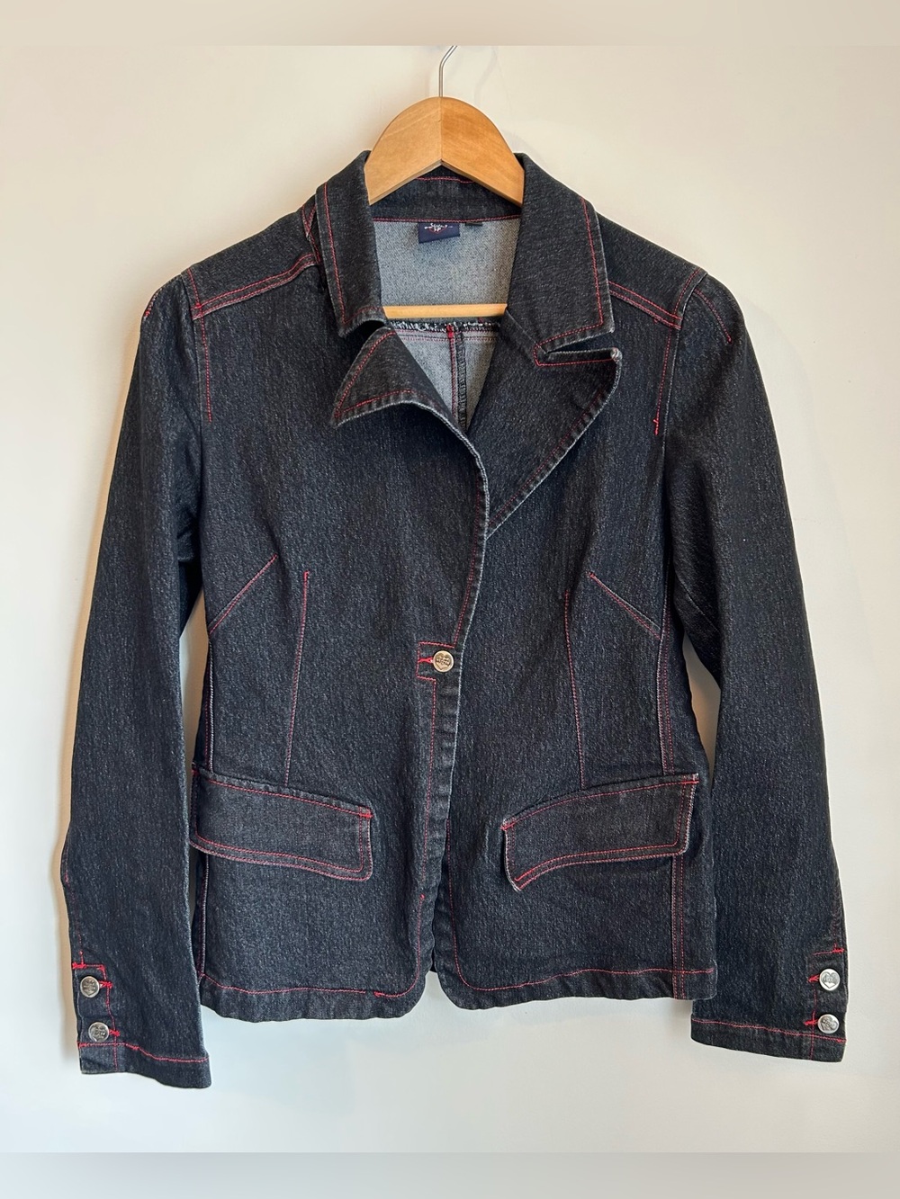 Sargent Pepper Y2K Black Denim Blazer Jacket Red Contrast Stitch Women's L 3